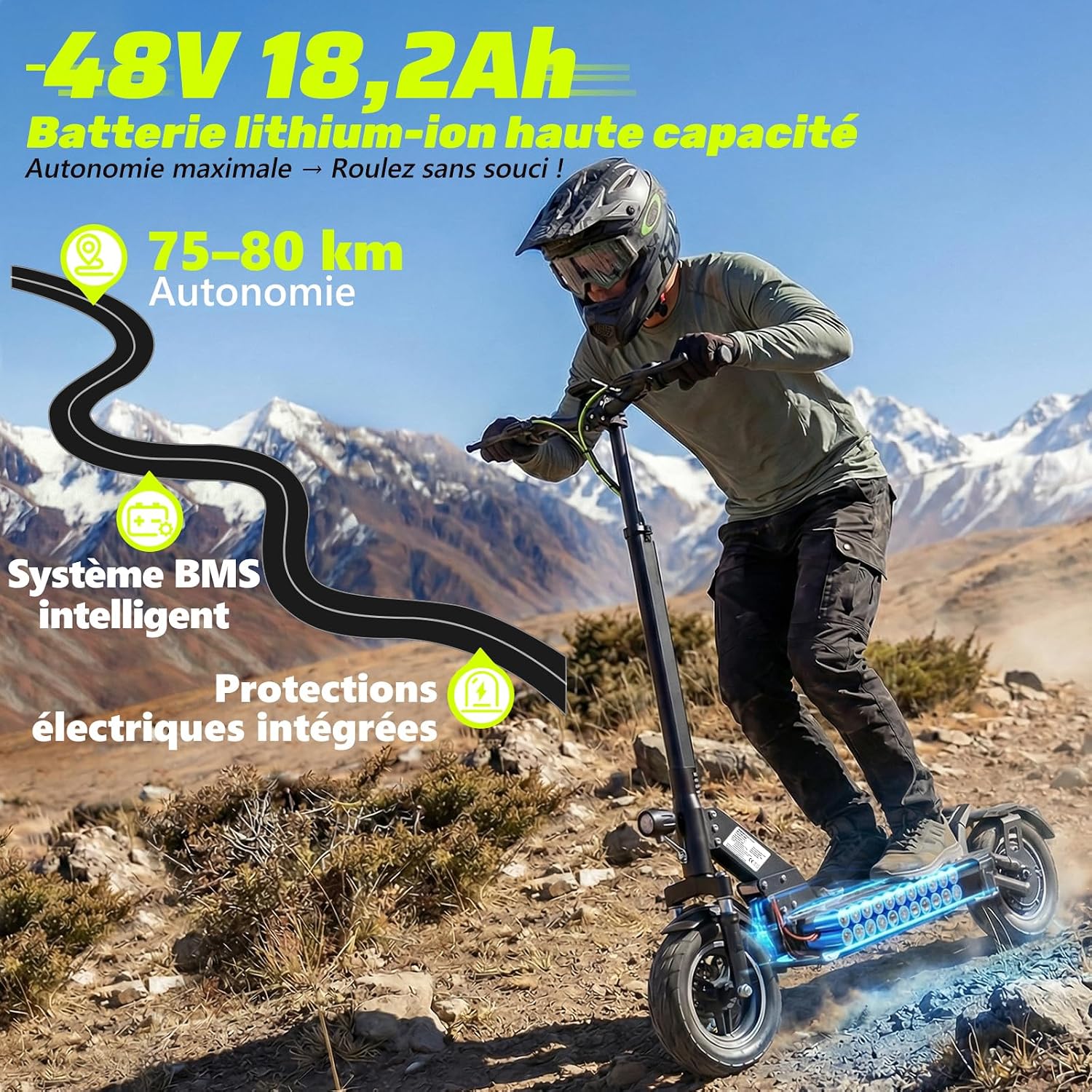 Trottinette Électrique Adulte, Jusqu’à 55-80 km, Batterie 48V 13/18.2 Ah, Pneus Tout Terrain de 10 Pouces, Moteurs 500W/1000W*2, Double Suspension, Double Frein à Disque, Pliable Noir-D6 Pro