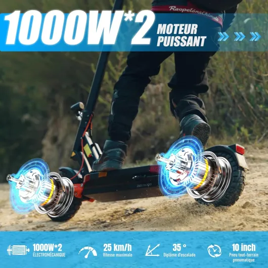 Trottinette Électrique Adulte, Batterie 60V/48 13/18Ah,Moteur 600/2000W,Trotinette Electrique Puissante Tout Terrain Ultra Legere Double Suspension,10 Pouces Scooter Électrique lectrique T10(2000)W