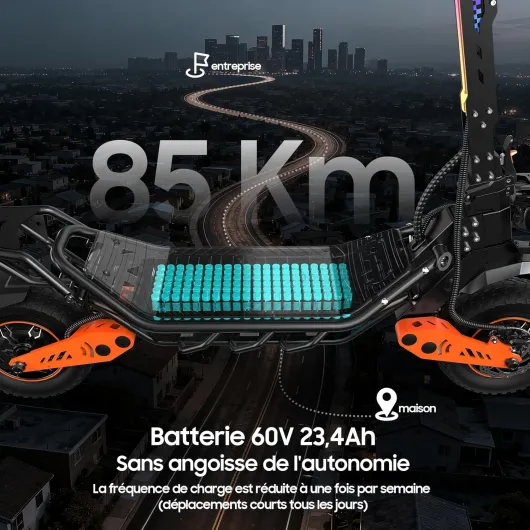 La Trottinette électrique Adulte, Batterie 23,4 Ah (autonomie 85 km), amortisseurs hydrauliques à Bras (Avant/arrière), Propulsion Double + 2 Moteurs, pneus Tout-Terrain 12 Pouces, montée 35° Distance de 85 km - VF7 Ultra Orange et Noir