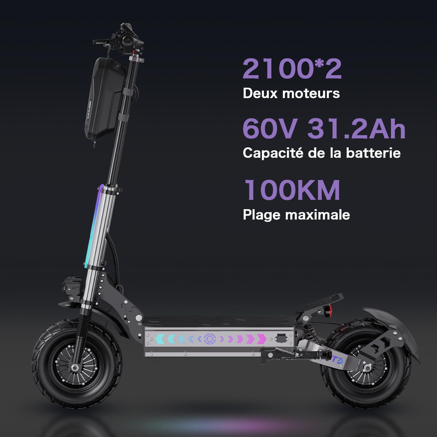 RAYI T90 Tout-Terrain Trottinette Électrique Adulte Puissante, Batterie 60V 31.2Ah Autonomie 100 km, Roues 13 Pouces Tout-Terrain, Double Suspension Scooter Electrique Adulte