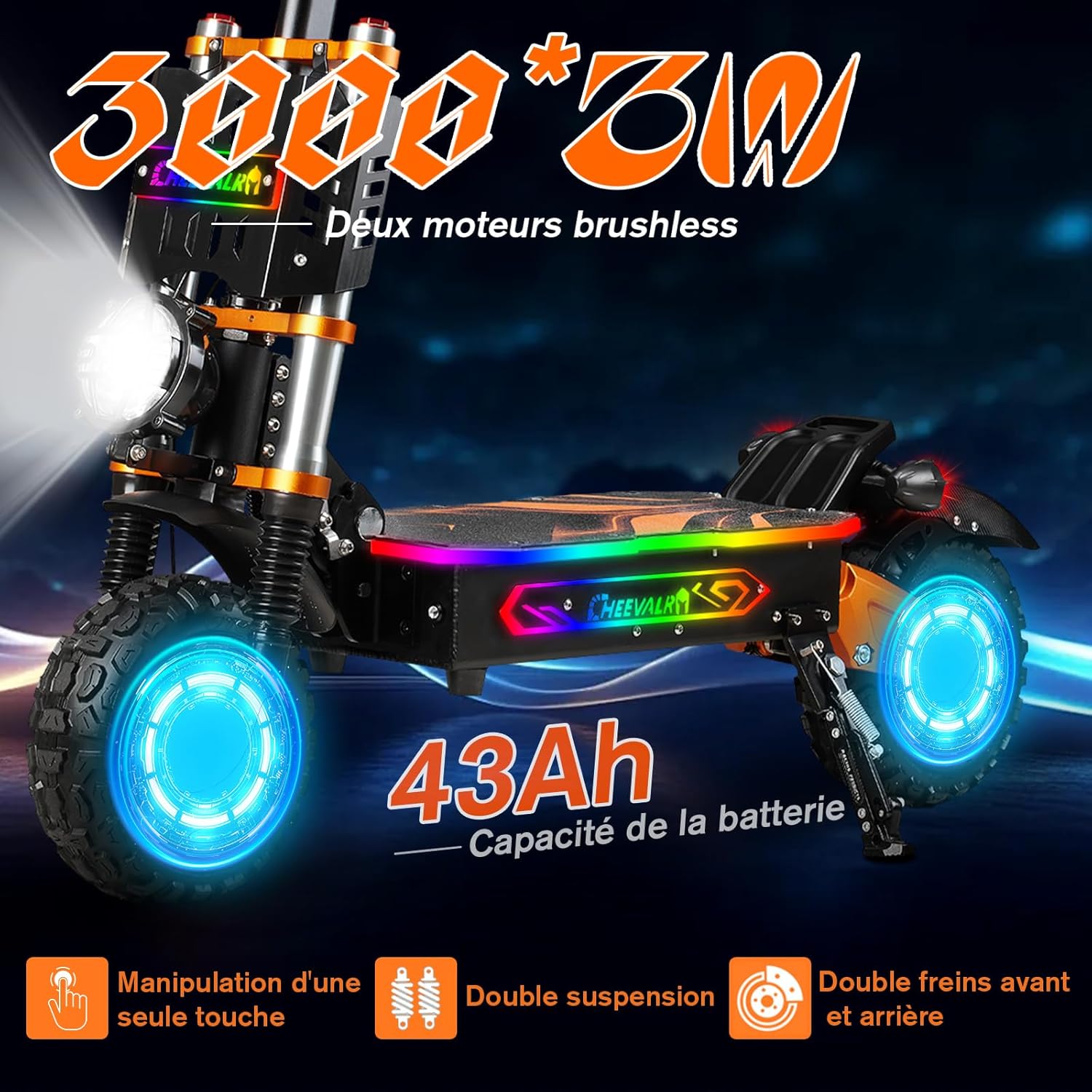 JAYSIMXIN Puissante Trottinette Électrique Adulte Scooter, 11 Pouces Trottinette électrique Tout Terrain, système de Suspension Confortable, Batterie au 60V 43Ah,120 km