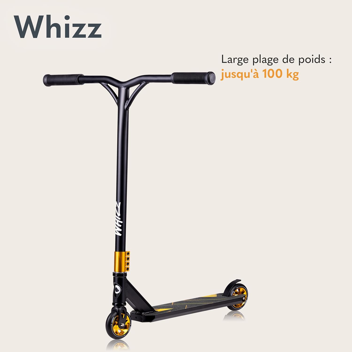 Trottinette WHIZZ, roulements à Billes ABEC-9, Plateau en Aluminium, système de Compression HIC, Roues de 110 mm, Guidon Large en T, Frein Flex Fender MN Steel - Design Unique (Bleu) CARBON YELLOW