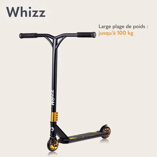 Trottinette WHIZZ, roulements à Billes ABEC-9, Plateau en Aluminium, système de Compression HIC, Roues de 110 mm, Guidon Large en T, Frein Flex Fender MN Steel - Design Unique (Bleu) CARBON YELLOW