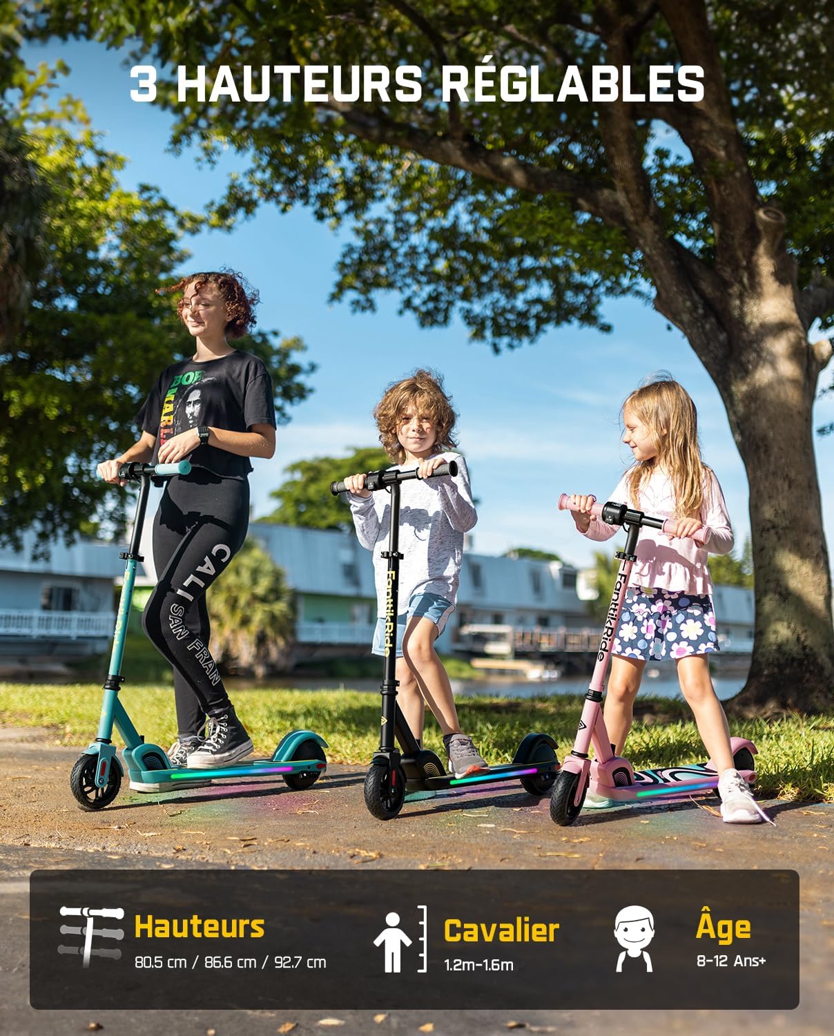 C9 Pro Trottinette Électrique Enfant 1,2-1,6 m, Lumières Arc-en-Ciel, Vitesses 8/13/16 km/h, Autonomie 8 km, Écran LED, Hauteur Réglable, Pliable, Charge maximale 60 kg Noir