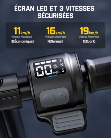 T9 Trottinette Électrique Enfant 130–170 cm, 11/16/19 km/h, Affichage LED de la Batterie, Hauteur Réglable, Pliable, pour Enfants et Adolescents, Jusqu’à 40 Minutes d’Autonomie Noir