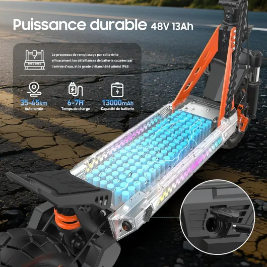 La Trottinette électrique Adulte, Batterie 23,4 Ah (autonomie 85 km), amortisseurs hydrauliques à Bras (Avant/arrière), Propulsion Double + 2 Moteurs, pneus Tout-Terrain 12 Pouces, montée 35° Distance de 45 km - VF3 Orange et Noir