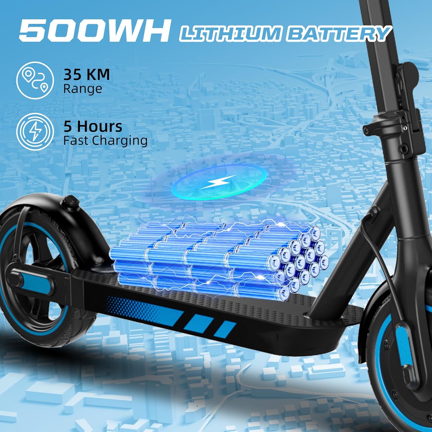 Scooter Électrique Pliable pour Adultes, 350/500W Moteur, 35/40/45KM Longue Autonomie, Vitesse Max 25KM/H,Pneus 8.5/10" Anticrevaison, Double Éclairage et Système de Freinage, Charge Maximale120kg V10-Blue/40KM