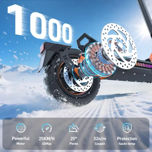 La Trottinette électrique Adulte, Batterie 23,4 Ah (autonomie 85 km), amortisseurs hydrauliques à Bras (Avant/arrière), Propulsion Double + 2 Moteurs, pneus Tout-Terrain 12 Pouces, montée 35° Distance de 45 km - VF3S Orange et Noir