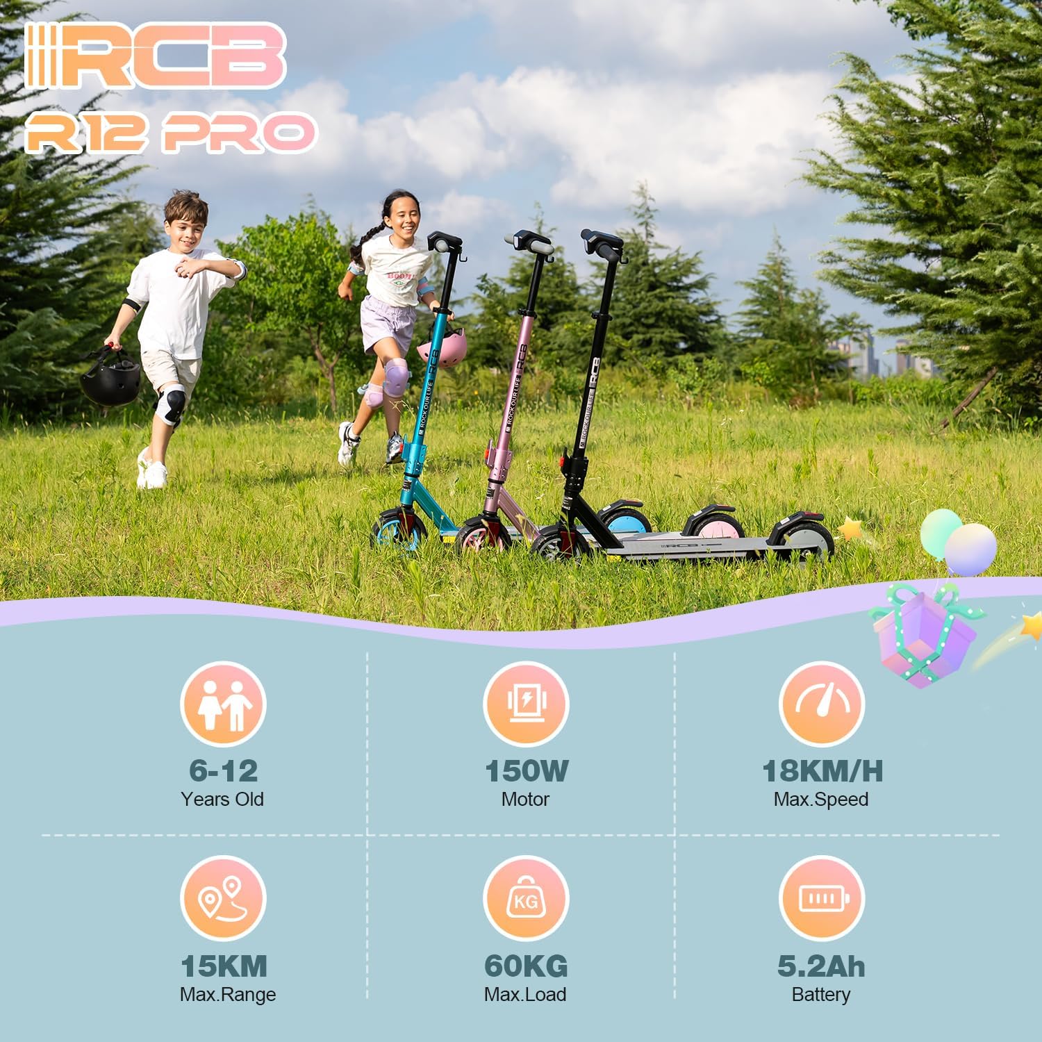 R12 Pro Trottinette électrique Enfant âge 6-12 Ans,jusqu'à 18km/h & 15 km,Réglage Hauteur,7" Pliable Trottinette Electrique, Deux Types Freins, Lumières colorées, écran LED, Cadeau pour Enfant AA Noir