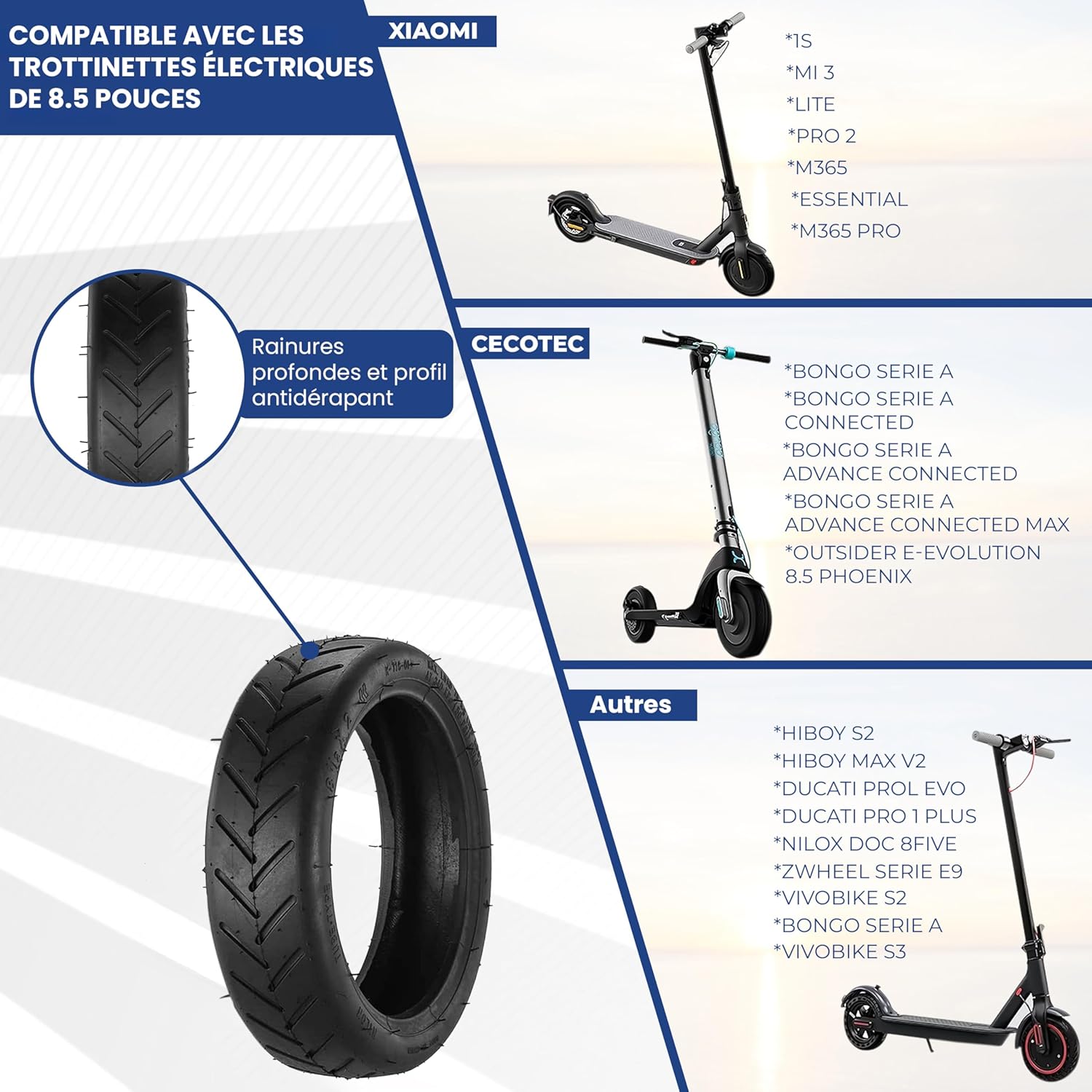 Pneu et Chambre à air 8.5 Pouces, Roue 50/75-6.1, Pneu 8 1/2X2 Pour Trottinette Electrique Xiaomi M365/Pro/Pro2/1S/Essential Et Wispeed T855/T850 (2 Pneu+ 2 Chambre à air)