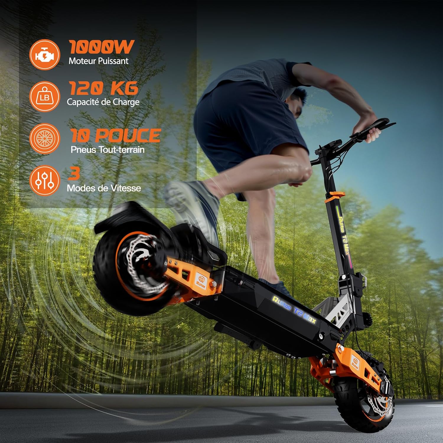 Trottinette Électrique, RT6/T2 Max/M5 Pro/T2 Master, Moteur 800W/1000W/1200W/ 2400W, Autonomie 55/65/70/75KM, Pneus Tout-Terrain, 3 Modes de Vitesse, Écran Intelligent T2 Max (1000W 50-55KM)