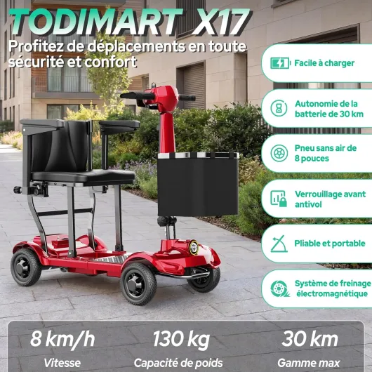 X17 Scooter de Mobilité à 4 Roues,Autonomie Longue 30–35 km,20kg Pliable et Légère pour Adultes et Seniors,Écran Numérique LED,Lumières Vives,130kg,Scooter Electrique Leger