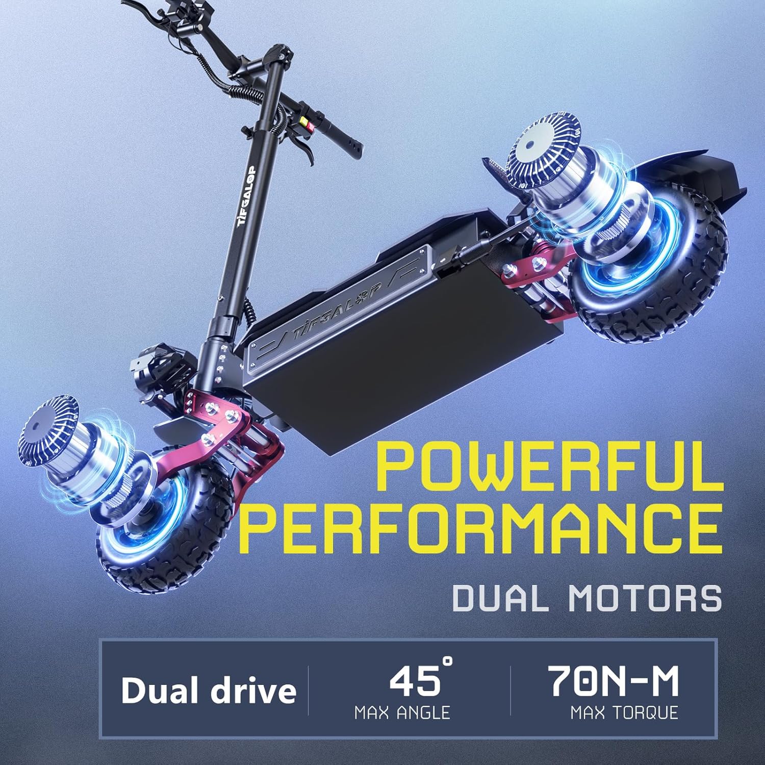 La trottinette électrique CL8 est équipée de deux moteurs, d'une batterie 60 V 33 Ah, de deux amortisseurs, de pneus tout-terrain de 11 pouces et est pliable - Son autonomie est de 80 à 100 kilomètres.