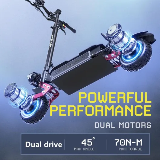 La trottinette électrique CL8 est équipée de deux moteurs, d'une batterie 60 V 33 Ah, de deux amortisseurs, de pneus tout-terrain de 11 pouces et est pliable - Son autonomie est de 80 à 100 kilomètres.