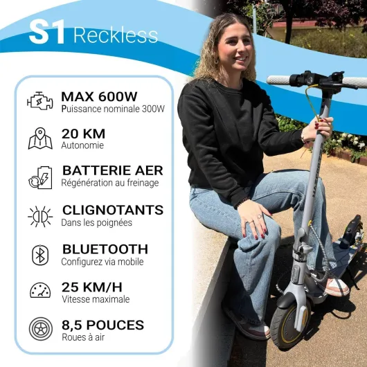 Trottinette Èlectrique Adulte - 300W-600W Max, Autonomie 20km - Clignotants et Régénération de Batterie au Freinage – Roues 8.5", Double Freins Électriques et à Disque - App Mobile Gris & Jaune - Reckless