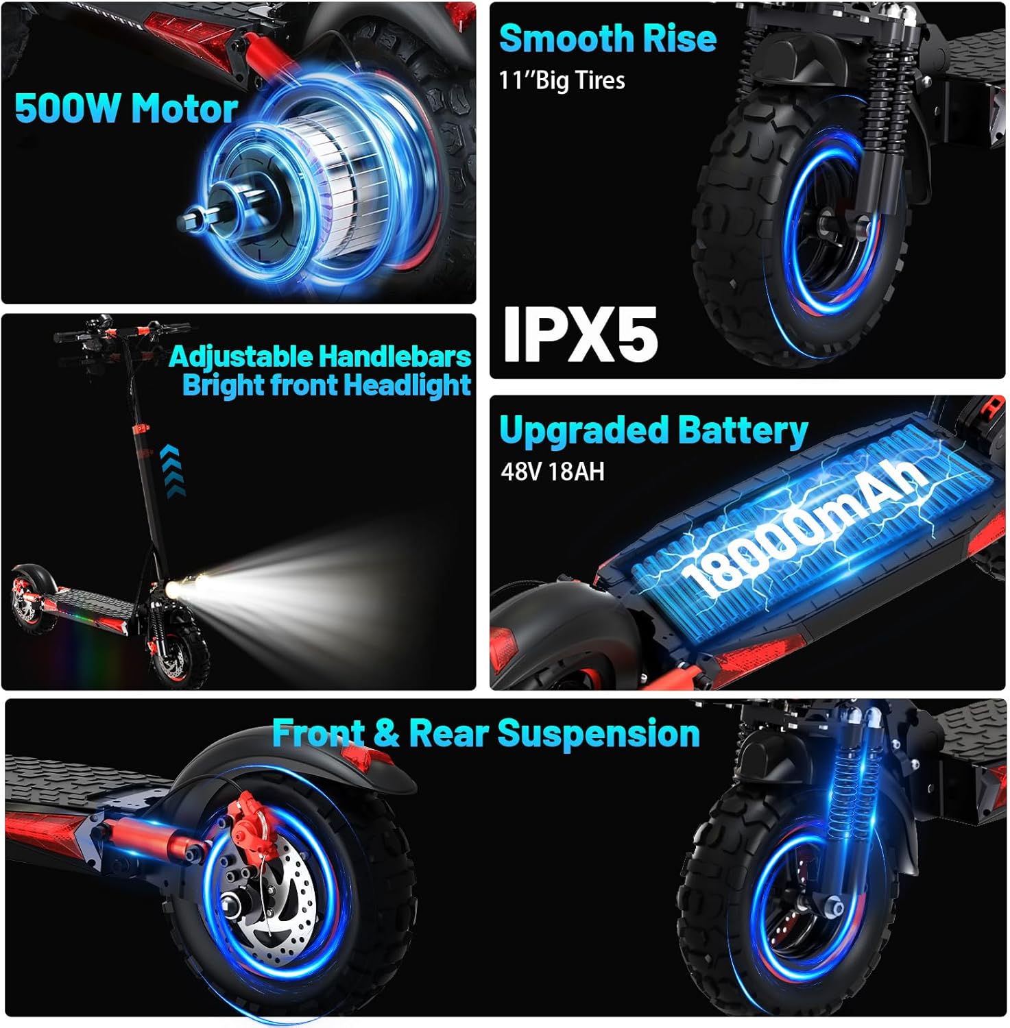 11" Trotinette Électrique Adulte Tout-Terrain, Autonomie 34 Miles, Batterie 48V 18Ah, Hauteur Réglable, Double Suspension, Frein à Disque, Trotinette Électrique Pliable pour Adolescents,Cadeau Parfait