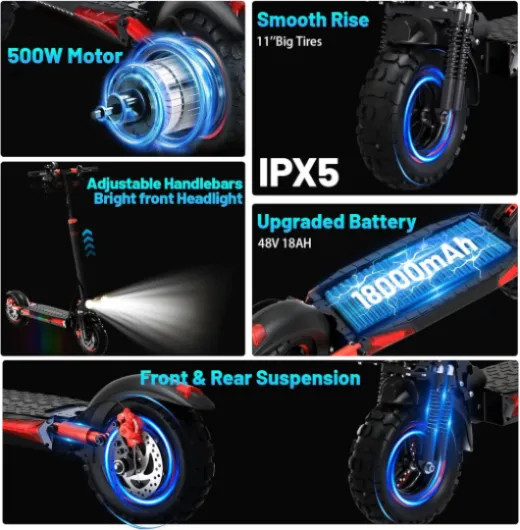 11" Trotinette Électrique Adulte Tout-Terrain, Autonomie 34 Miles, Batterie 48V 18Ah, Hauteur Réglable, Double Suspension, Frein à Disque, Trotinette Électrique Pliable pour Adolescents,Cadeau Parfait