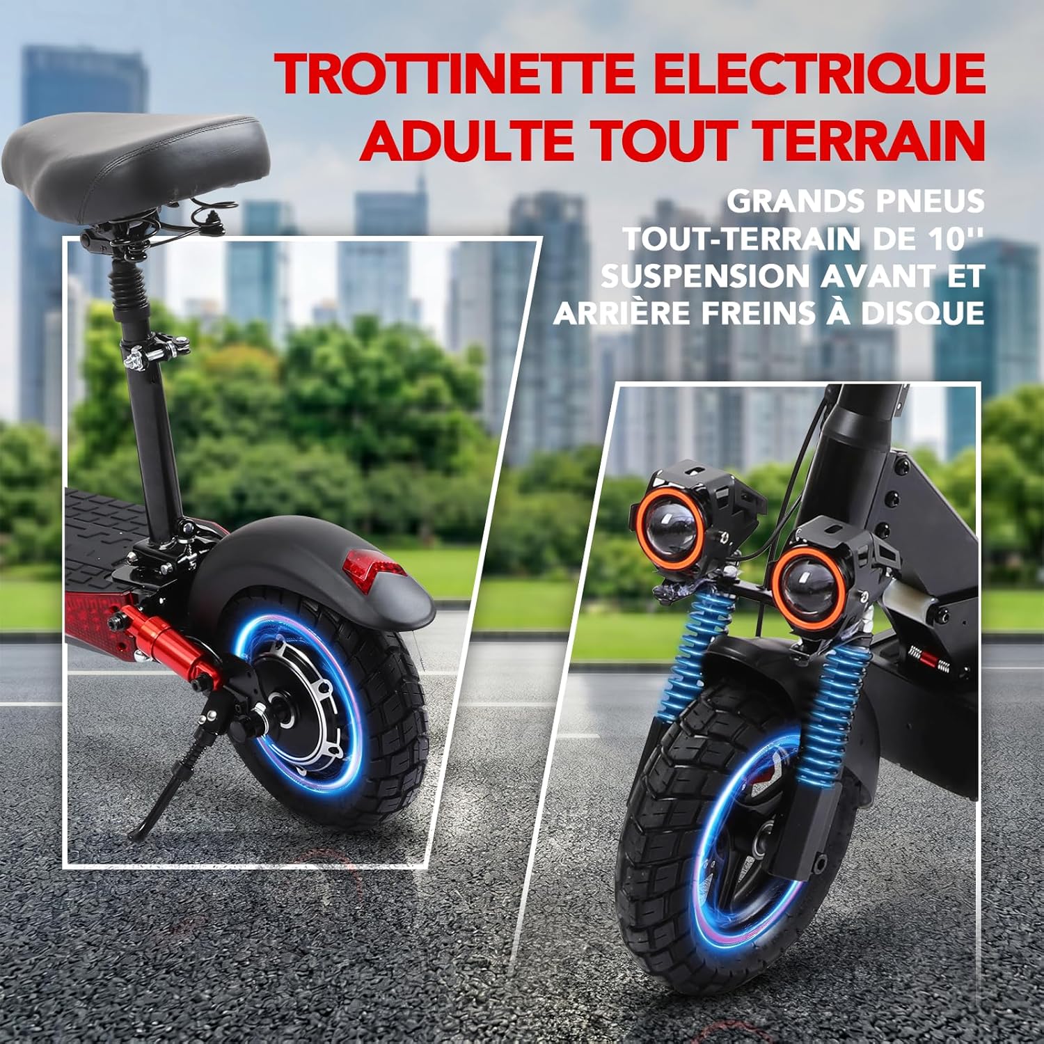 J01 Trottinette Électrique Adulte, Batterie 48V 15Ah, Autonomie 45 km, Pneus 10" Tout Terrain, Double Suspension, Freins à Disque, IPX5, Trottinette Électrique Pliable pour Trajet Quotidien