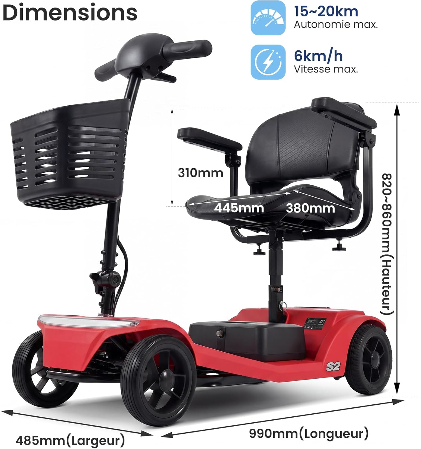Voiturette Électrique Senior – Fauteuil Roulant Pliable 4 Roues Pliables, Batterie Amovible, Autonomie 15-20 km, Phare LED sécurité, Port USB, Charge 300 lbs, Pneus pleins anti-crevaison, Rouge