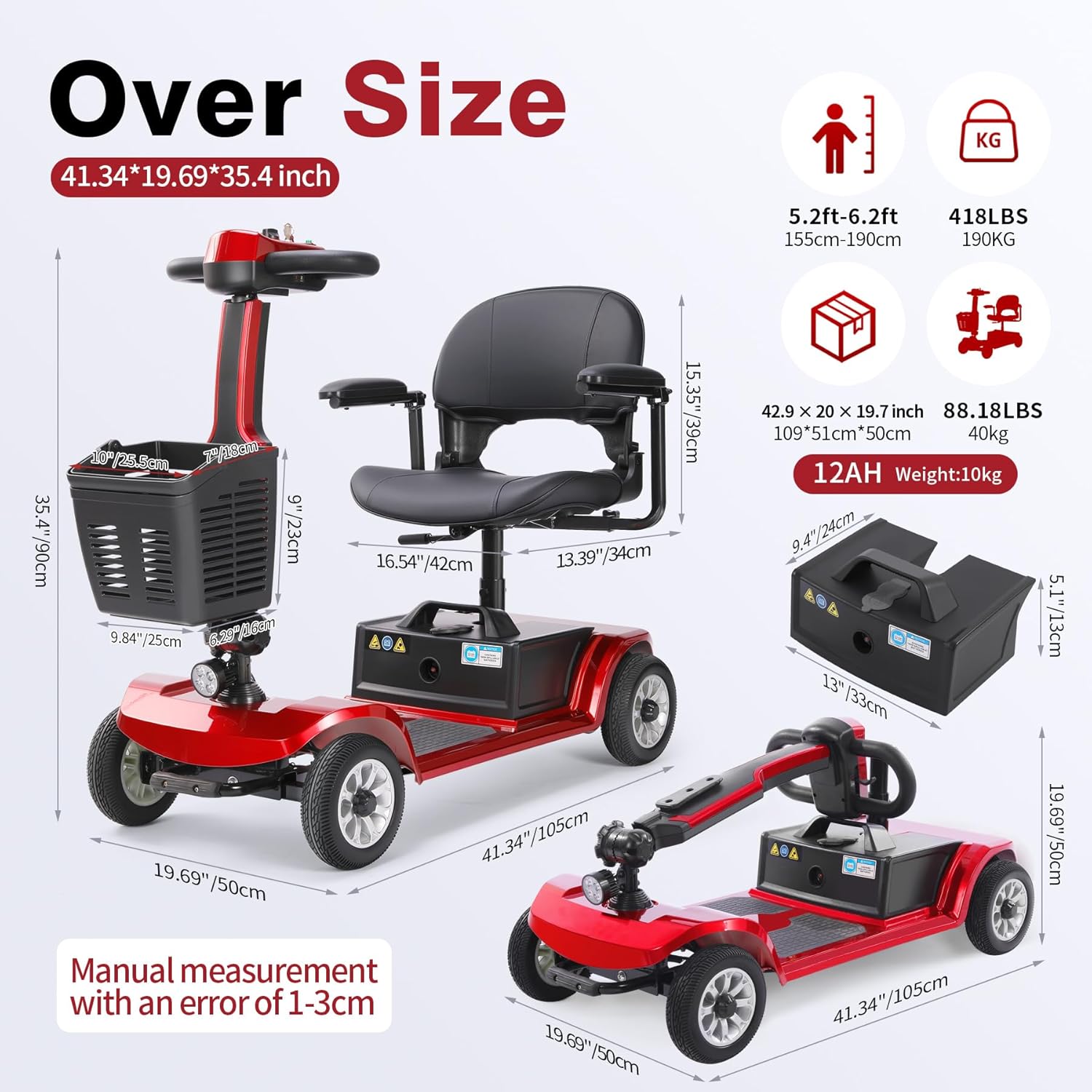 Scooter électrique pour seniors 22 km Scooter pliable à 4 roues avec panier Batterie légère Capacité de charge jusqu'à 190 kg Scooter électrique Standard