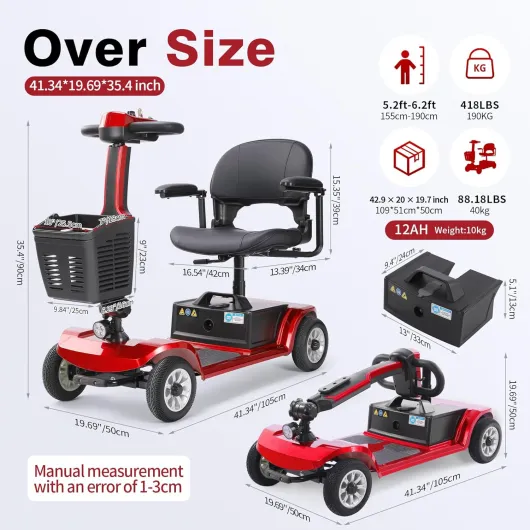 Scooter électrique pour seniors 22 km Scooter pliable à 4 roues avec panier Batterie légère Capacité de charge jusqu'à 190 kg Scooter électrique Standard