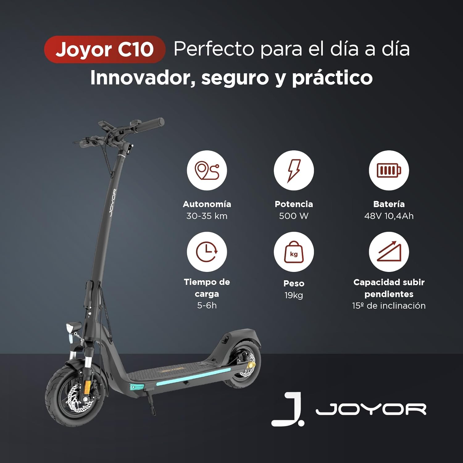 C10 DGT Trottinette électrique pour adultes - Moteur de 500 W Autonomie 35 km Batterie amovible Pneus de 25 cm Double suspension - Scooter homologué DGT