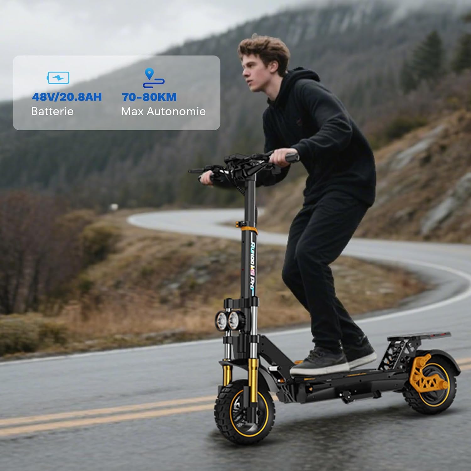 M5 Pro Trottinette Électrique, Batterie 48v 20.8Ah, Autonomie Max 70-80KM, Pneus Tout-Terrain 11 Pouces, 3 Modes De Vitesse, Écran Intelligent