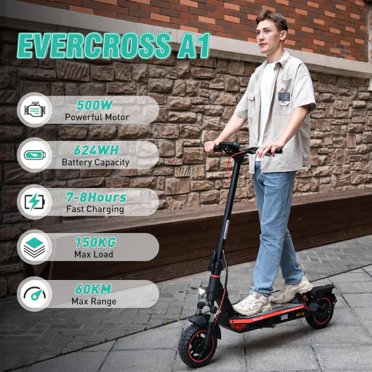 Trottinette Électrique Adulte 500W, Batterie 48V 624Wh, Autonomie Jusqu’à 60 km, Pneus Increvables 10”, Pliable, Doubles Freins, Écran LED & App,Charge de 150 kg Rouge