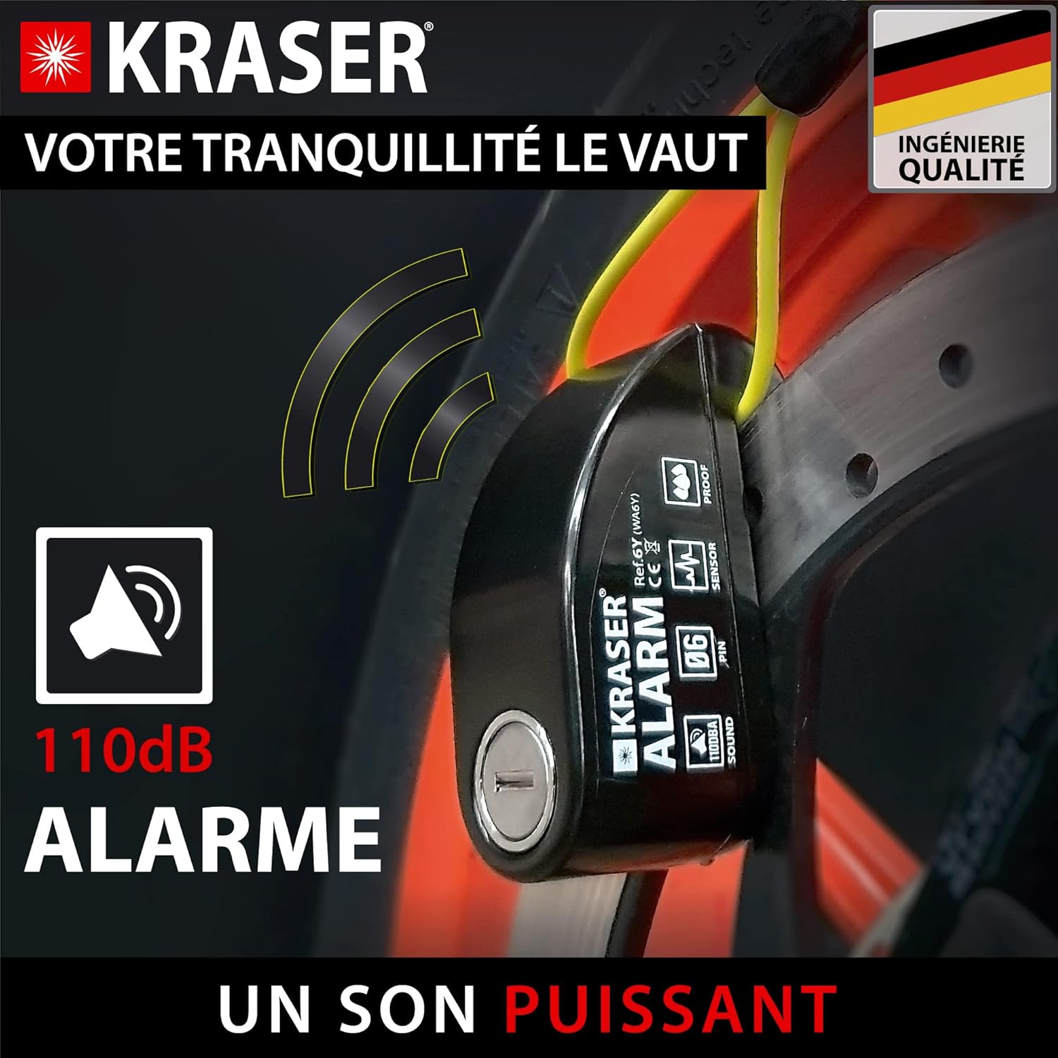 KRASER 6Y Antivol Moto, Bloque Disque Alarme 110db, Renforcé, 3 clés (2 autres) Serrure Haute Sécurité, Étanche, Câble Rappel 1.5m, Sac, Piles Rechange, Bloc Frein 6mm Universel Moto Scooter Vélo Noir