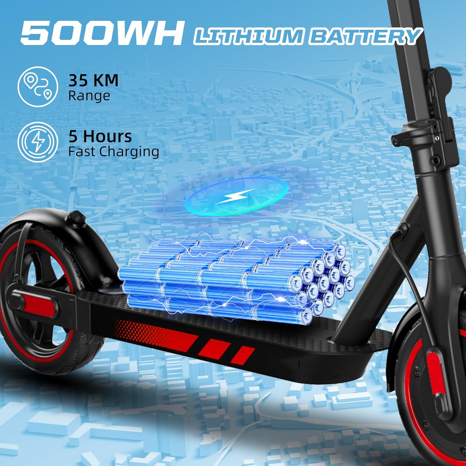Scooter Électrique Pliable pour Adultes, 350/500W Moteur, 35/40/45KM Longue Autonomie, Vitesse Max 25KM/H, Pneus 8.5/10" Anticrevaison, Double Éclairage et Double Système de Freinage, APP Red-40KM