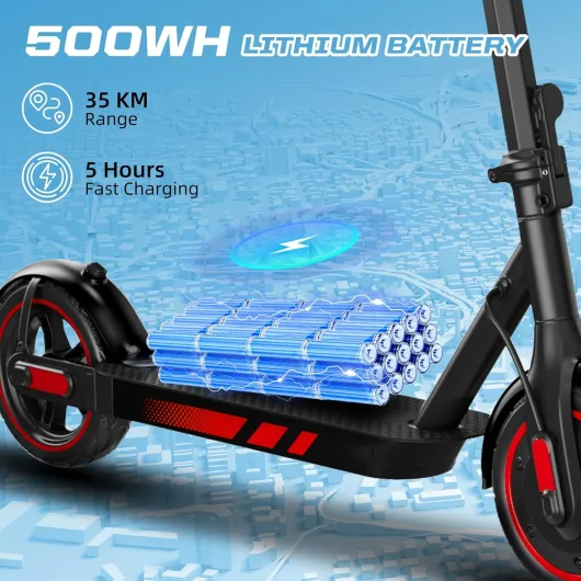 Scooter Électrique Pliable pour Adultes, 350/500W Moteur, 35/40/45KM Longue Autonomie, Vitesse Max 25KM/H, Pneus 8.5/10" Anticrevaison, Double Éclairage et Double Système de Freinage, APP Red-40KM