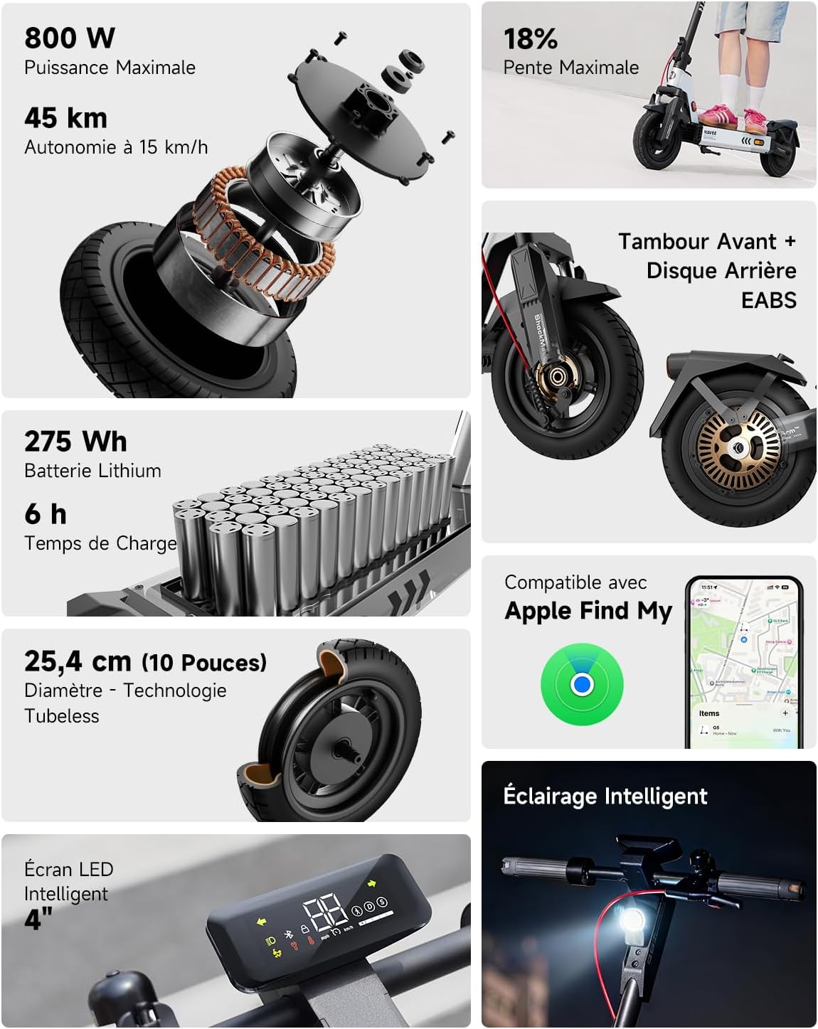 G5/G5 Pro Trottinette Electrique Adult, Moteur Max 800W, Autonomie Longue 45-55km, Pentes 20%, Suspension Damping Arm, Apple Find My, Pneus 10" Tubeless, Contrôle de Traction TCS, Étanche IPX5 G5-45km