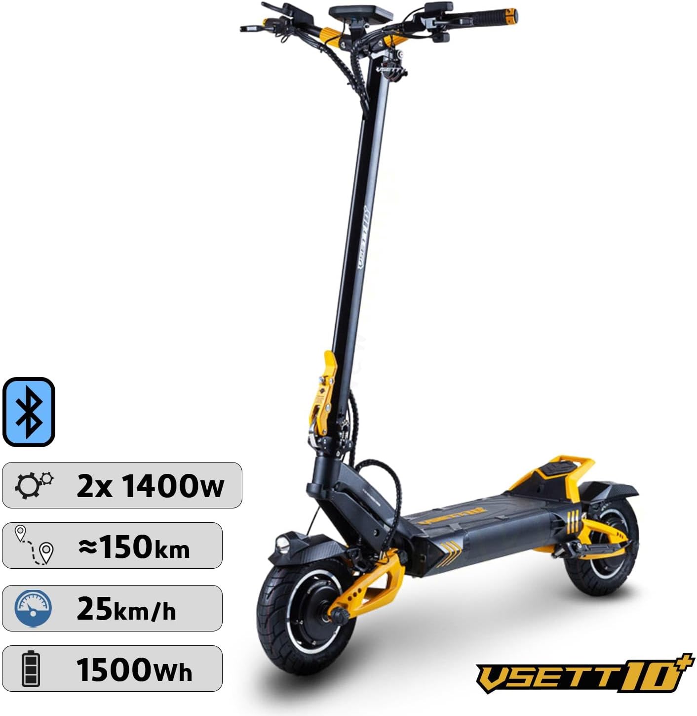 VSETT Trottinette Electrique 10 Plus Super, 2 Moteurs 1400W, Autonomie jusqu'à 150km, 25 KM/H, Ecran LED 5x5, Tout Terrain, Noir et Jaune