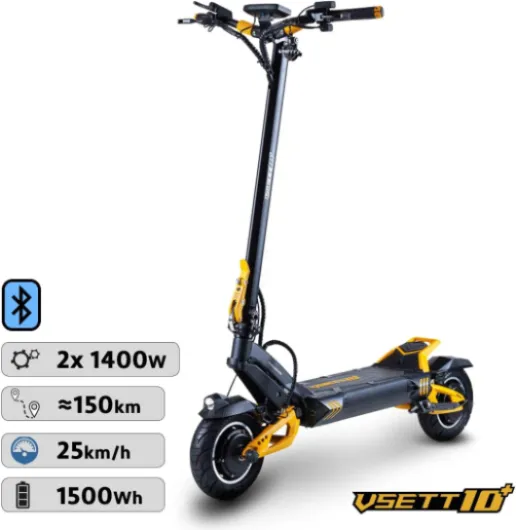 VSETT Trottinette Electrique 10 Plus Super, 2 Moteurs 1400W, Autonomie jusqu'à 150km, 25 KM/H, Ecran LED 5x5, Tout Terrain, Noir et Jaune