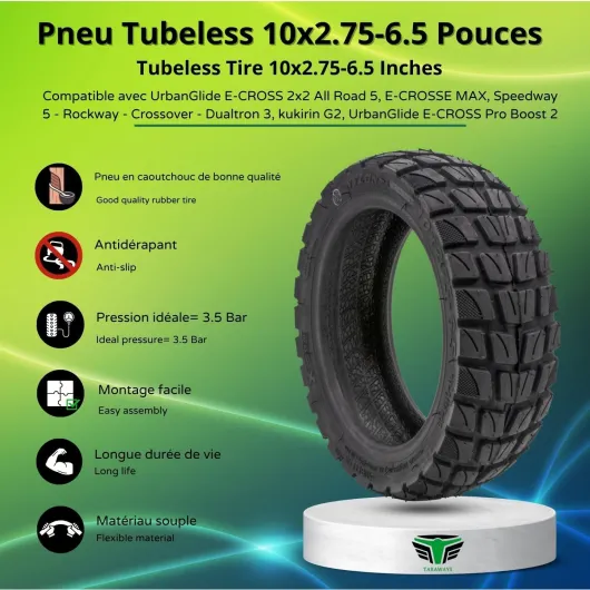 [M365Lyon] Pneu Tubeless 10x2.75-6.5 Pouces pour Trottinettes Electrique UrbanGlide E-CROSS 2x2 All Road 5, E-CROSSE MAX, Speedway 5 - Rockway - Crossover - Dualtron 3, kukirin G2 (1xTire)