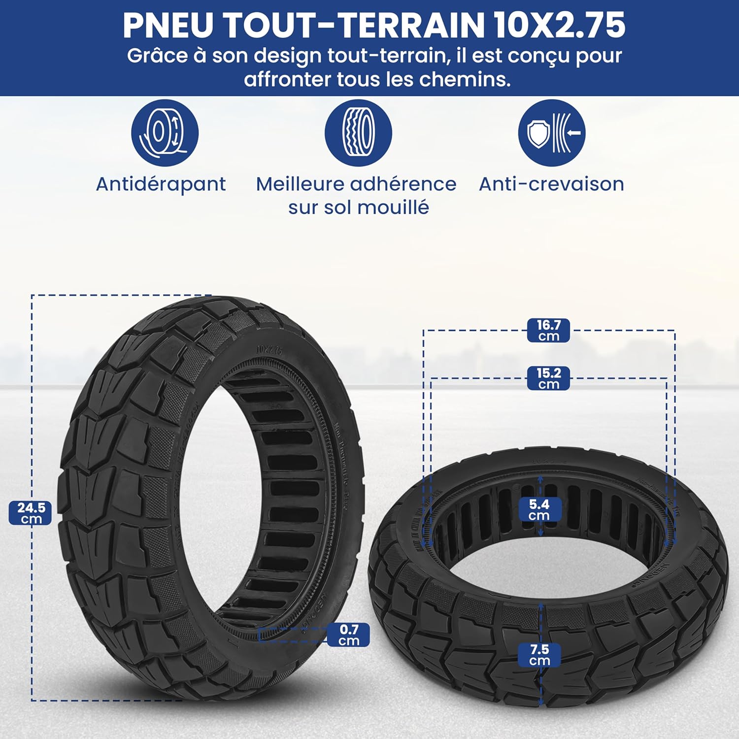 Pneu Plein Anti Crevaison 10x2.75 Pouces pour Trottinettes Electrique Kukirin G2, UrbanGlide E-CROSS PRO, Speedway/Pro, Speedway 5, Rockway/Crossover, Dualtron 3, All Road 5 (1 unité)