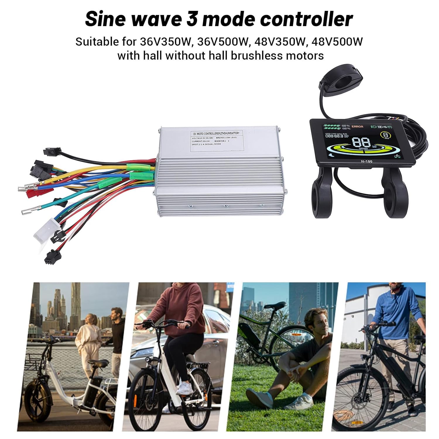 Kit de Contrôleur de Moteur Sans Balais, 36V 48V 350W 500W 20A 3 Modes Contrôleur d'Onde Sinusoidale avec Écran d'Affichage LCD Couleur H100 pour Vélo Électrique Trottinette Électrique