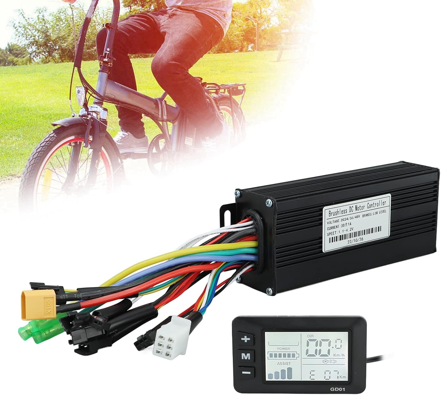 Kit de Contrôleur de Moteur sans Balais pour Vélo Électrique, DC 24V 36V 48V 1000W-1500W 30A 3 Modes Contrôleur à Onde Sinusoïdale avec Écran d'Affichage LCD GD01 pour Trotinette Électrique