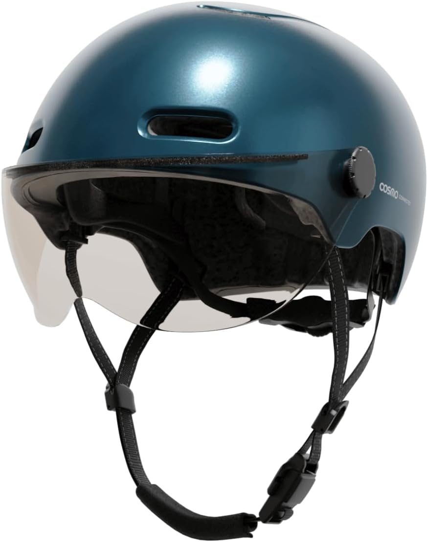 Cosmo Fusion+ - Casque Intelligent Vélo et Trottinette avec Visière, Taille Adulte - Clignotants, Feu de Freinage Automatique, Partage de Trajet, Détection de Chute, Assurance Bleu Métallisé