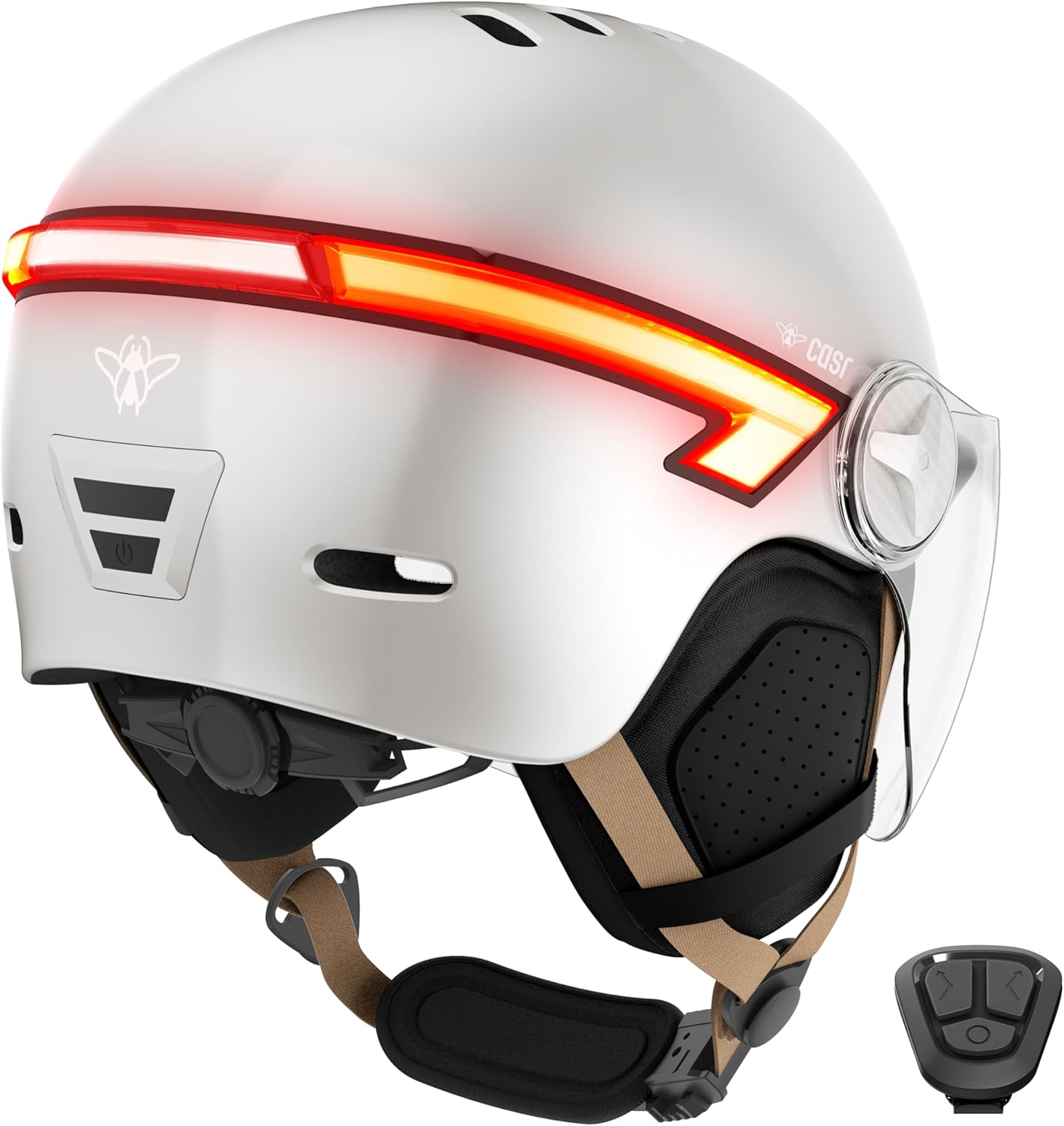 Glow - Casque LED pour Vélo & Trottinette - Visière XL & Cache-Oreilles Amovibles, Clignotants arrières & Télécommande - Joli Design Urbain pour Homme & Femme - Crème - Taille M Crème M