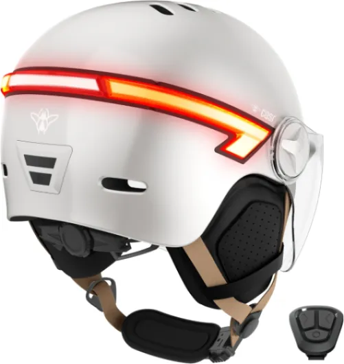 Glow - Casque LED pour Vélo & Trottinette - Visière XL & Cache-Oreilles Amovibles, Clignotants arrières & Télécommande - Joli Design Urbain pour Homme & Femme - Crème - Taille M Crème M