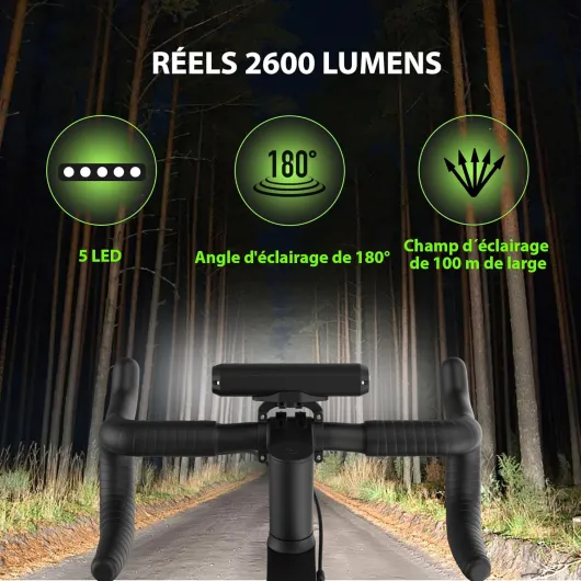 Lumiere Velo Lumens Forts USB C Rechargeable Eclairage Velo LEDs 4 Modes Lampe Velo Meilleure Aluminium à l'eau pour La Conduite de Nuit, Noir 8000mah