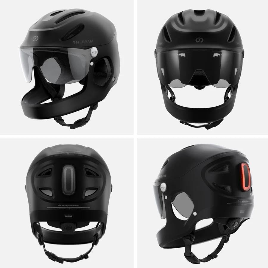 Virgo Casque Intégral – Casque de Protection Complet pour Vélos Électriques, Trottinettes & Mobilité Urbaine, Léger, Visière Intégrée, Feu de Freinage Intelligent, Unisexe Noir L (59-63 cm)