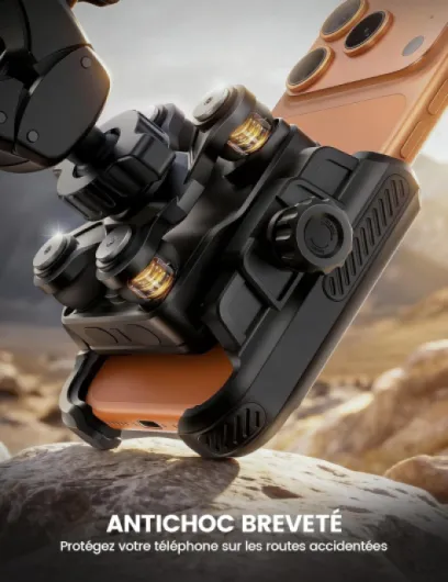 Support Téléphone Moto, Porte Téléphone Vélo – [Ne Bloque Pas la Caméra] [Double Amortisseur] 1S Verrouillage, 360° Rotation, Support Guidon Universel pour iPhone et Autres 6-7,2" Smartphones