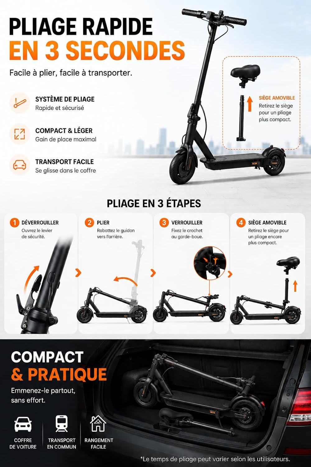 Trottinette Électrique Ado & Adulte – 500W, 4Ah-7.5AH, Autonomie 12-30km, Pneus 8.5" Gonflables, Double Freinage, Pliable - Siège (en Option) Batterie 7,5Ah avec Siège