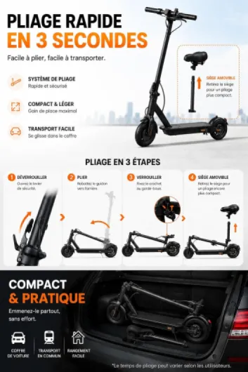 Trottinette Électrique Ado & Adulte – 500W, 4Ah-7.5AH, Autonomie 12-30km, Pneus 8.5" Gonflables, Double Freinage, Pliable - Siège (en Option) Batterie 7,5Ah avec Siège
