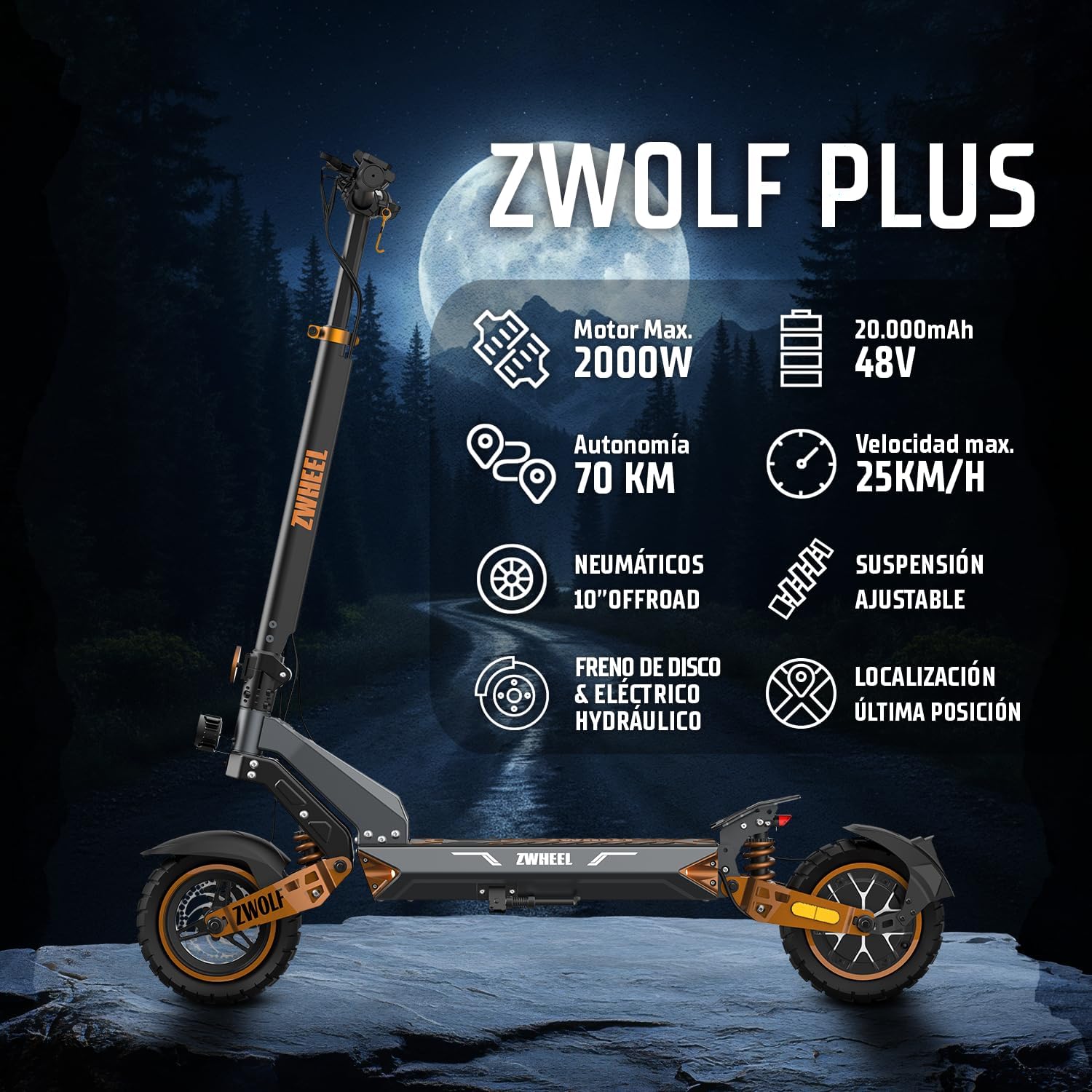 Trottinette électrique adulte homologuée DGT, 600-2 000 W, autonomie 35-70 km, système AER, double / quadruple suspension hydraulique, IP54, roues 10 " sans chambre à air, écran et application ZWOLF PLUS (1000 W - 70 KM)