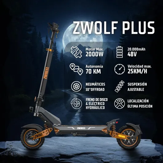Trottinette électrique adulte homologuée DGT, 600-2 000 W, autonomie 35-70 km, système AER, double / quadruple suspension hydraulique, IP54, roues 10 " sans chambre à air, écran et application ZWOLF PLUS (1000 W - 70 KM)