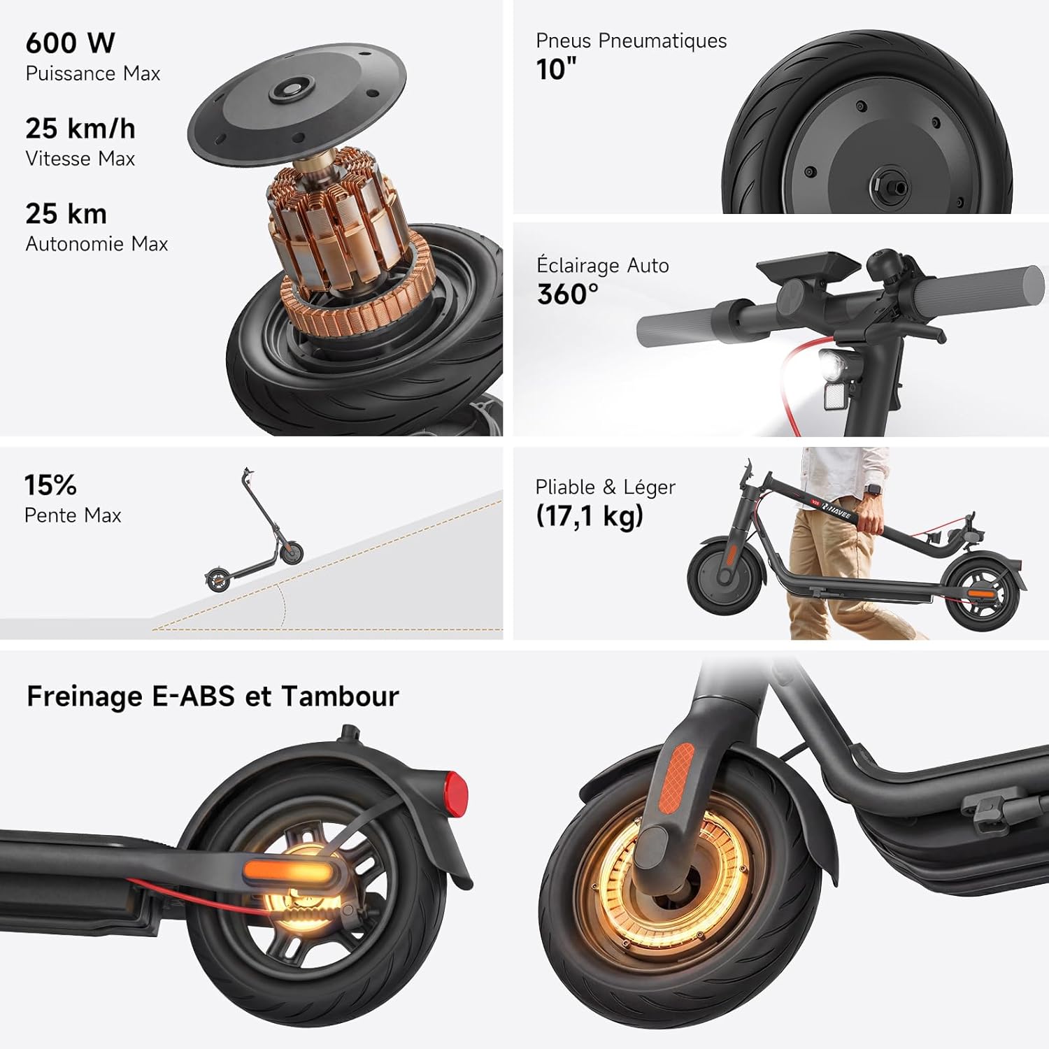 Tout-Terrain Trottinette Electrique Adulte 25-70km Autonomie 25km/h, Pneus 10"/10,5" Tubeless, Trottinette Électrique Antivol, Freinage Triple, TCS, APP 25KM - V25