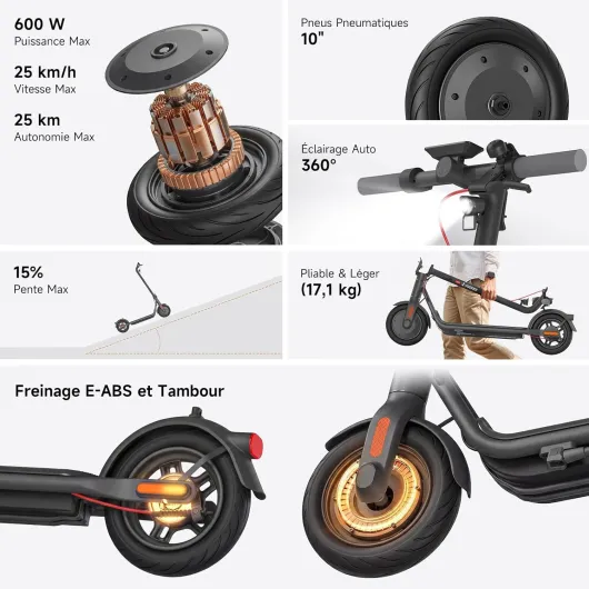 Tout-Terrain Trottinette Electrique Adulte 25-70km Autonomie 25km/h, Pneus 10"/10,5" Tubeless, Trottinette Électrique Antivol, Freinage Triple, TCS, APP 25KM - V25